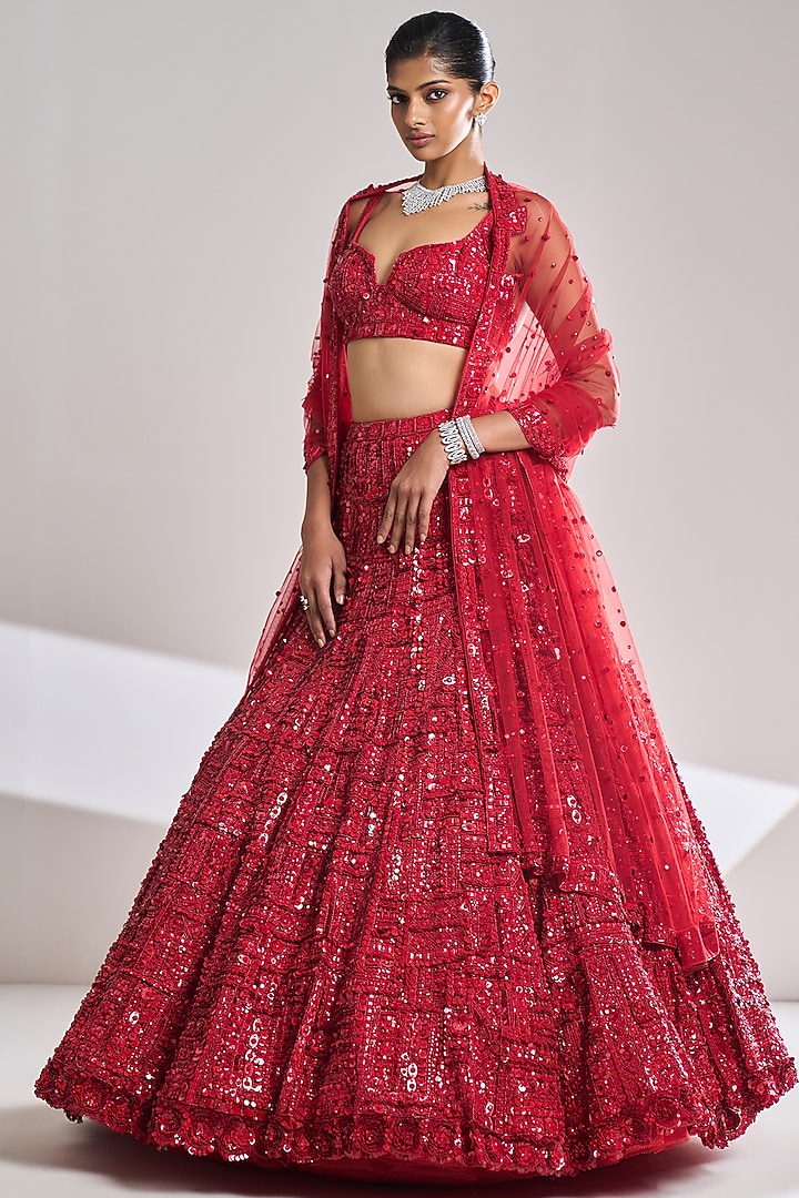 Red Net Sequins Embroidered Bridal Lehenga Set by Seema Gujral at Pernia's Pop Up Shop