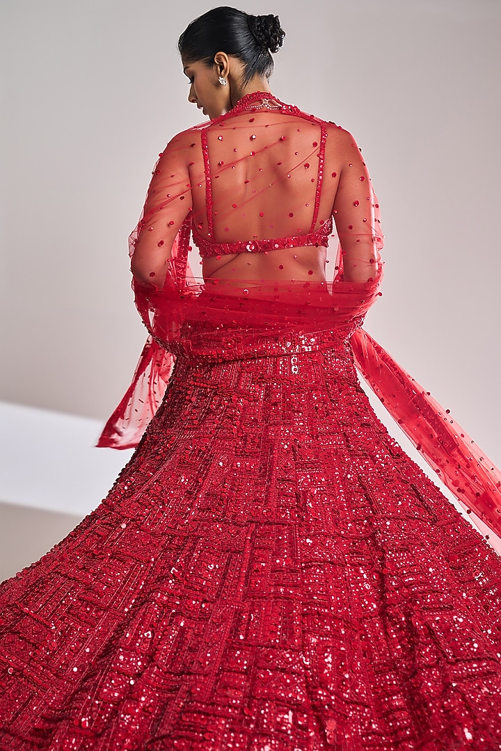 Red Net Sequins Embroidered Bridal Lehenga Set by Seema Gujral at Pernia's Pop Up Shop