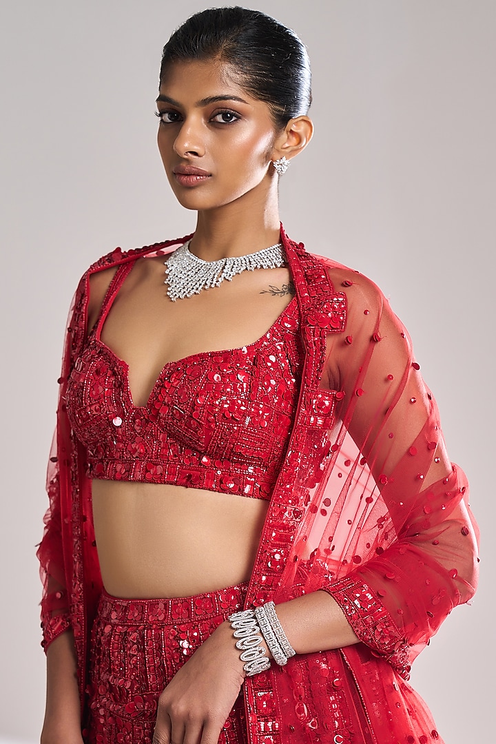 Red Net Sequins Embroidered Bridal Lehenga Set by Seema Gujral at Pernia's Pop Up Shop