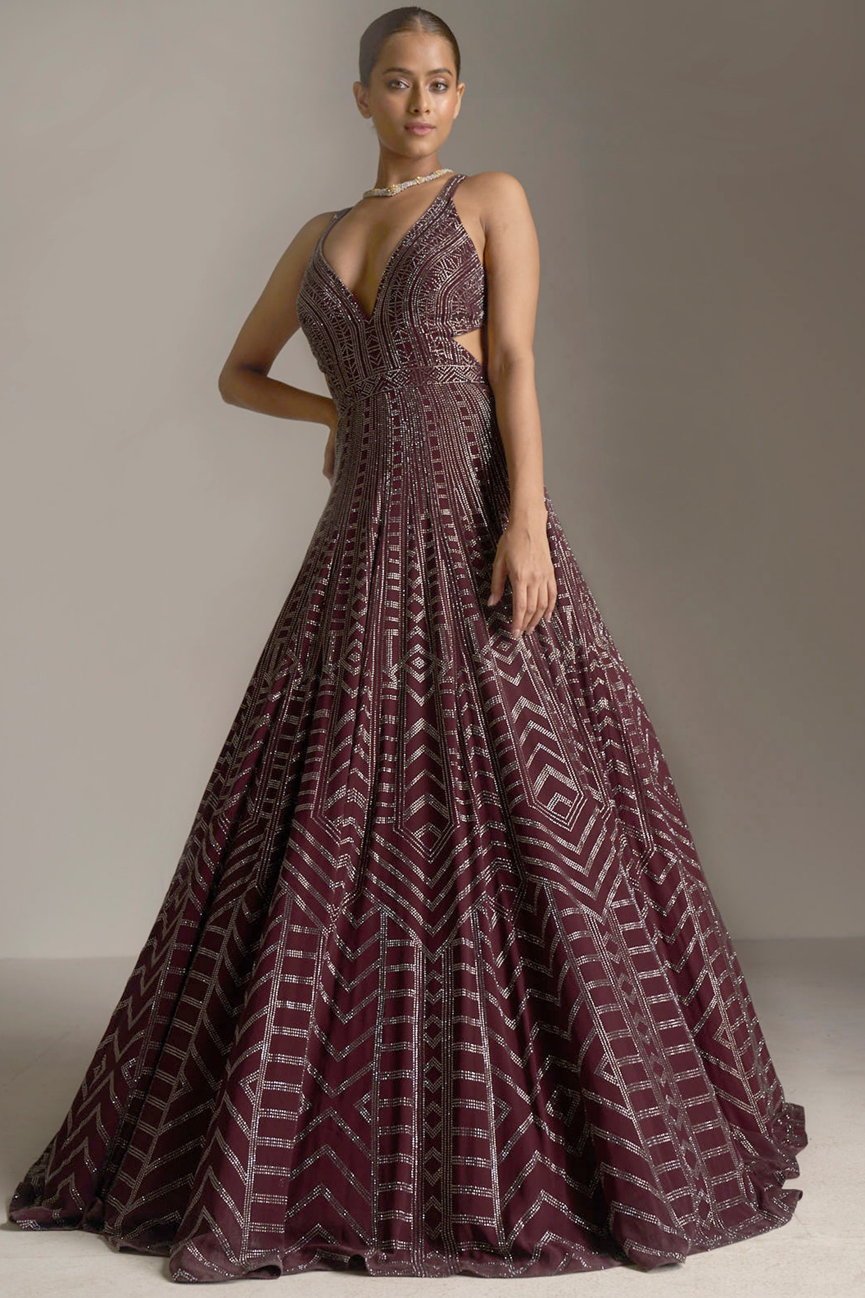 Shop online Maroon Net Embroidered Work Designer Gown