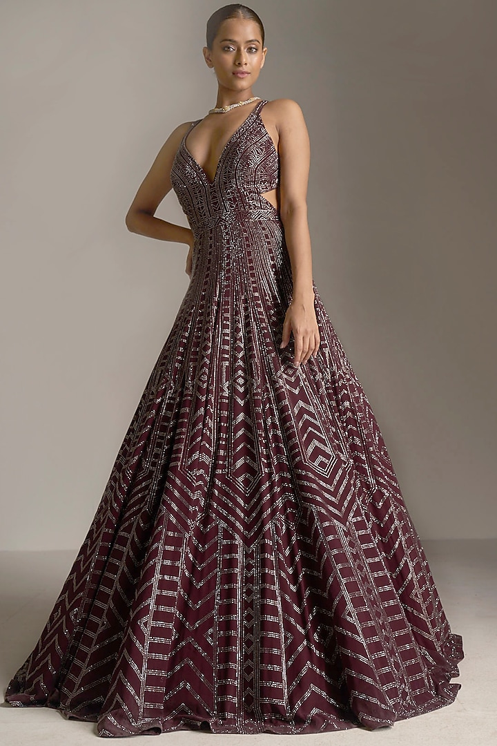 Dark Maroon Crystal Embroidered Georgette Gown by Seema Gujral at Pernia's Pop Up Shop