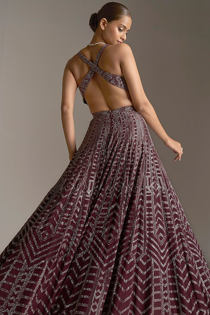 Dark Maroon Crystal Embroidered Georgette Bridal Gown by Seema Gujral at Pernia's Pop Up Shop