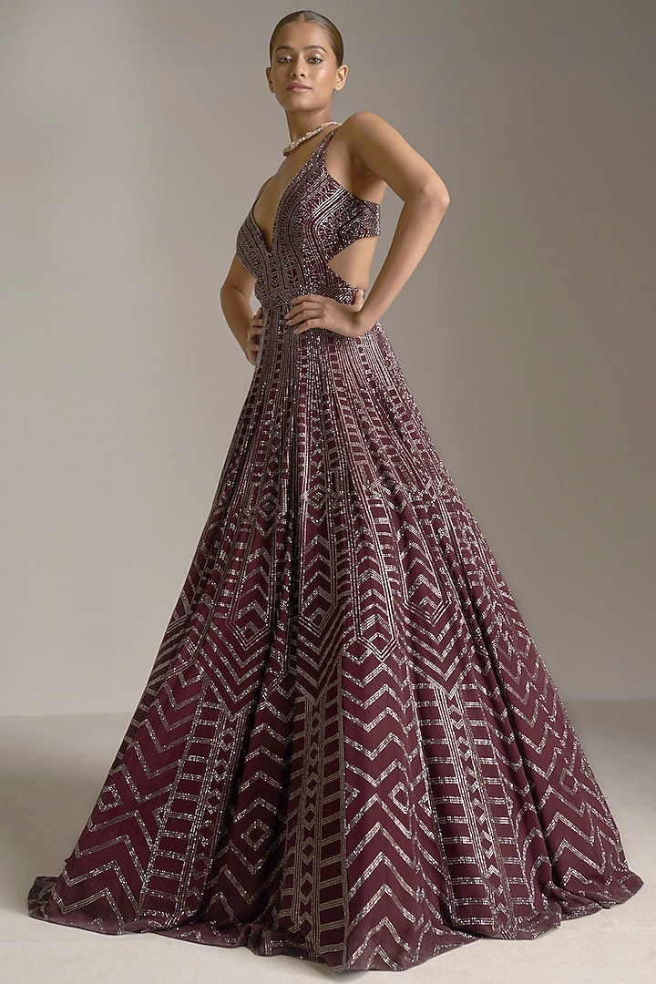 Dark Maroon Crystal Embroidered Georgette Bridal Gown by Seema Gujral at Pernia's Pop Up Shop
