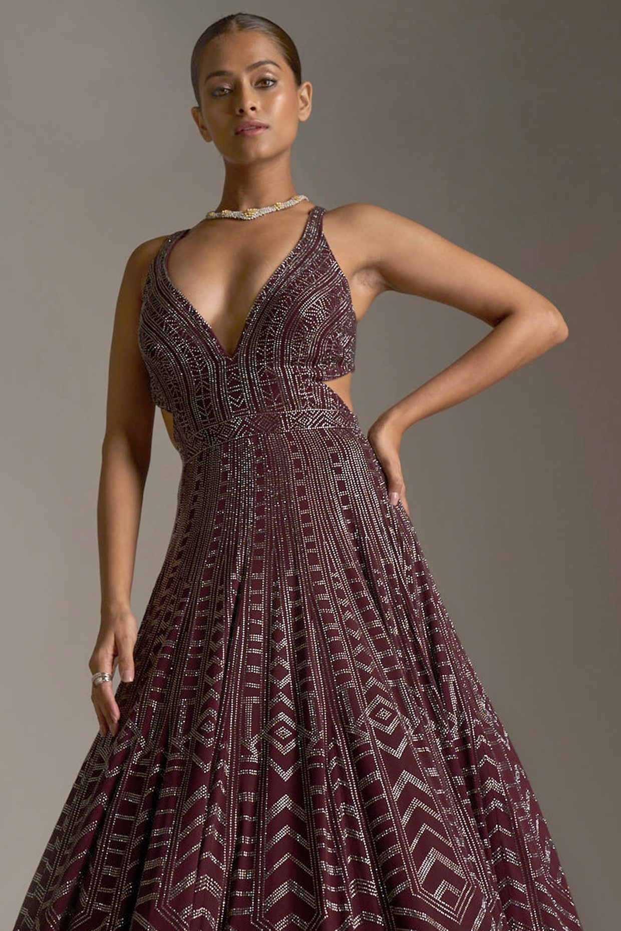 Dark maroon hot sale gown