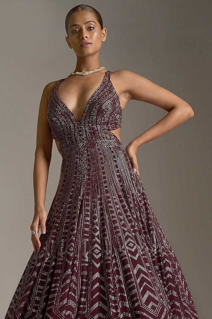 Dark Maroon Crystal Embroidered Georgette Bridal Gown by Seema Gujral at Pernia's Pop Up Shop