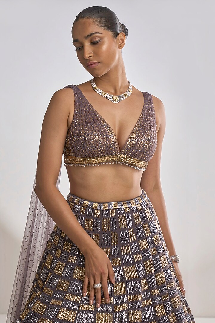 Grey Net Sequins Embroidered Bridal Lehenga Set by Seema Gujral at Pernia's Pop Up Shop