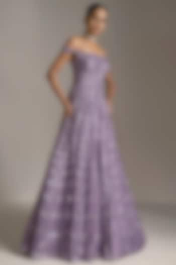 Mauve Net Sequins Embroidered Off-Shoulder Gown by Seema Gujral