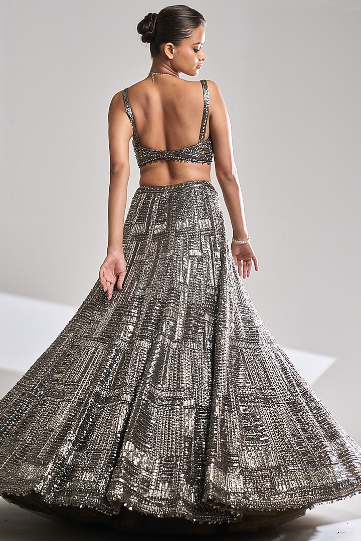 Gunmetal Net Sequins Embroidered Bridal Lehenga Set by Seema Gujral at Pernia's Pop Up Shop