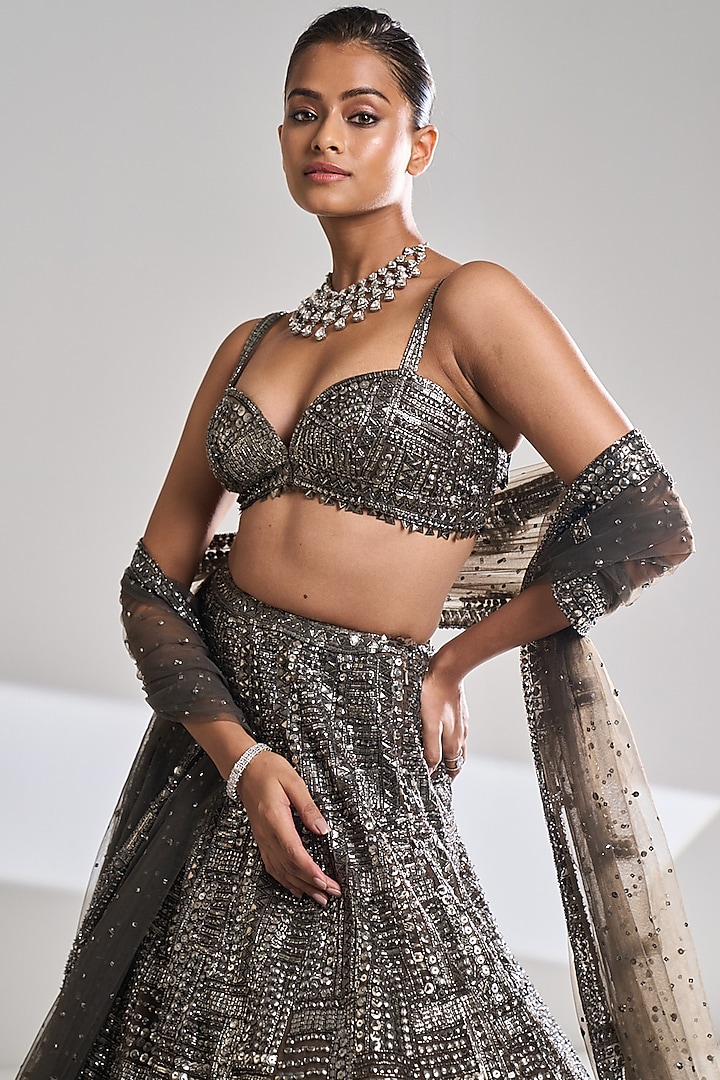 Gunmetal Net Sequins Embroidered Bridal Lehenga Set by Seema Gujral at Pernia's Pop Up Shop