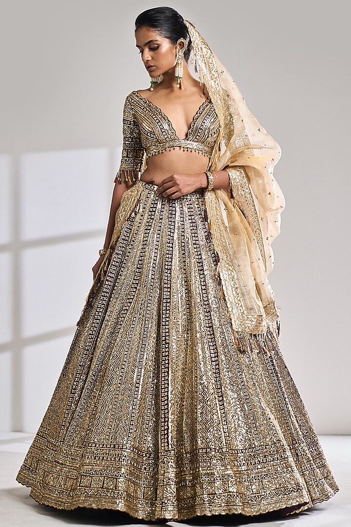 Deep Wine Raw Silk Sequins Embroidered Bridal Lehenga Set by Seema Gujral at Pernia's Pop Up Shop