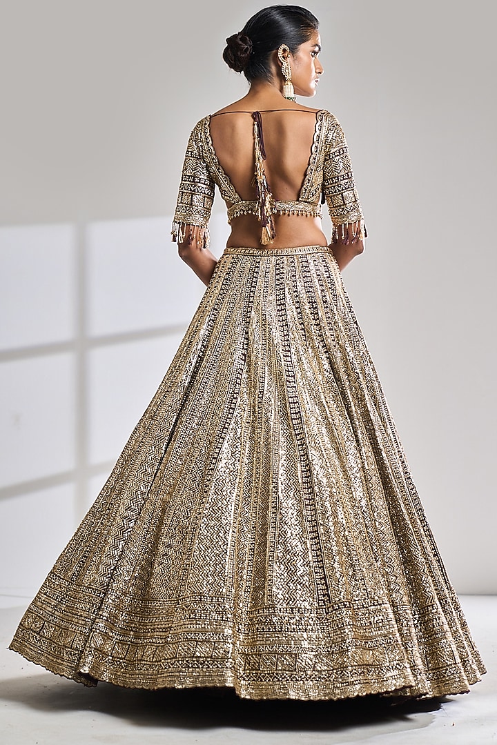 Deep Wine Raw Silk Sequins Embroidered Bridal Lehenga Set by Seema Gujral at Pernia's Pop Up Shop
