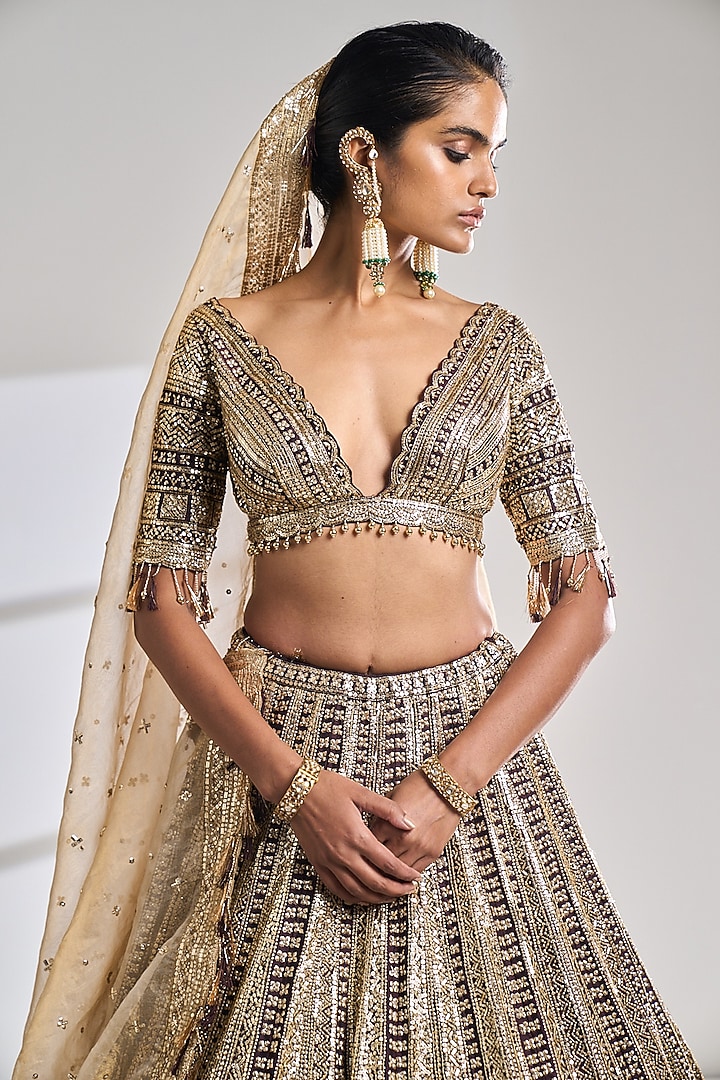 Deep Wine Raw Silk Sequins Embroidered Bridal Lehenga Set by Seema Gujral at Pernia's Pop Up Shop