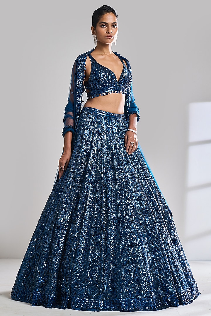 Persian blue hand embroidered lehenga set main image 0