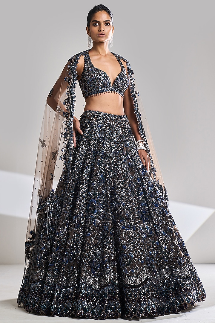 Chocolate Brown Net Sequins Embroidered Bridal Lehenga Set by Seema Gujral at Pernia's Pop Up Shop