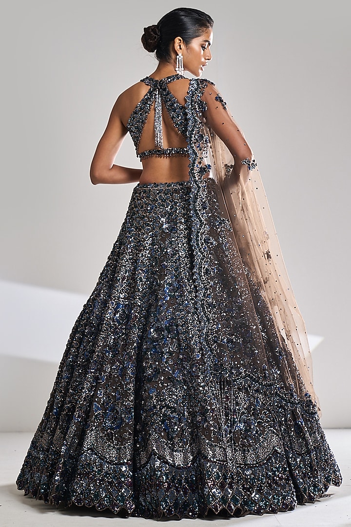 Chocolate Brown Net Sequins Embroidered Bridal Lehenga Set by Seema Gujral at Pernia's Pop Up Shop