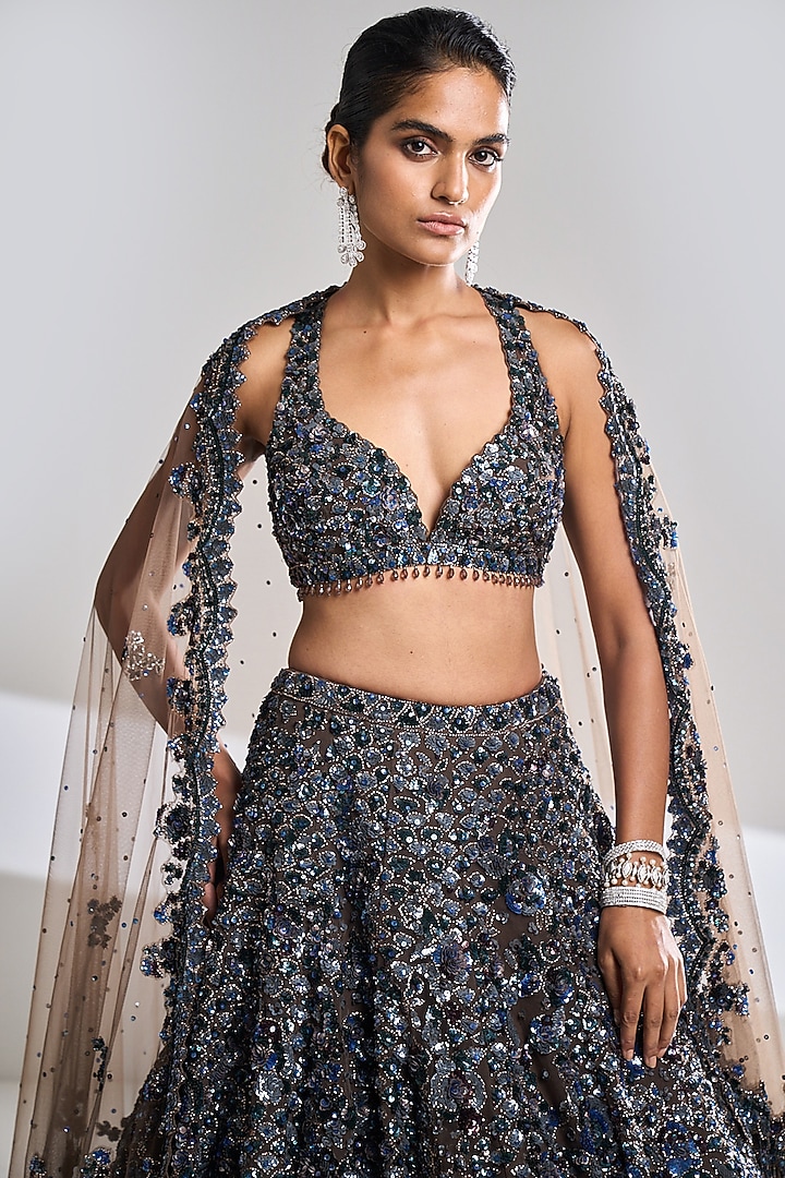 Chocolate Brown Net Sequins Embroidered Bridal Lehenga Set by Seema Gujral at Pernia's Pop Up Shop