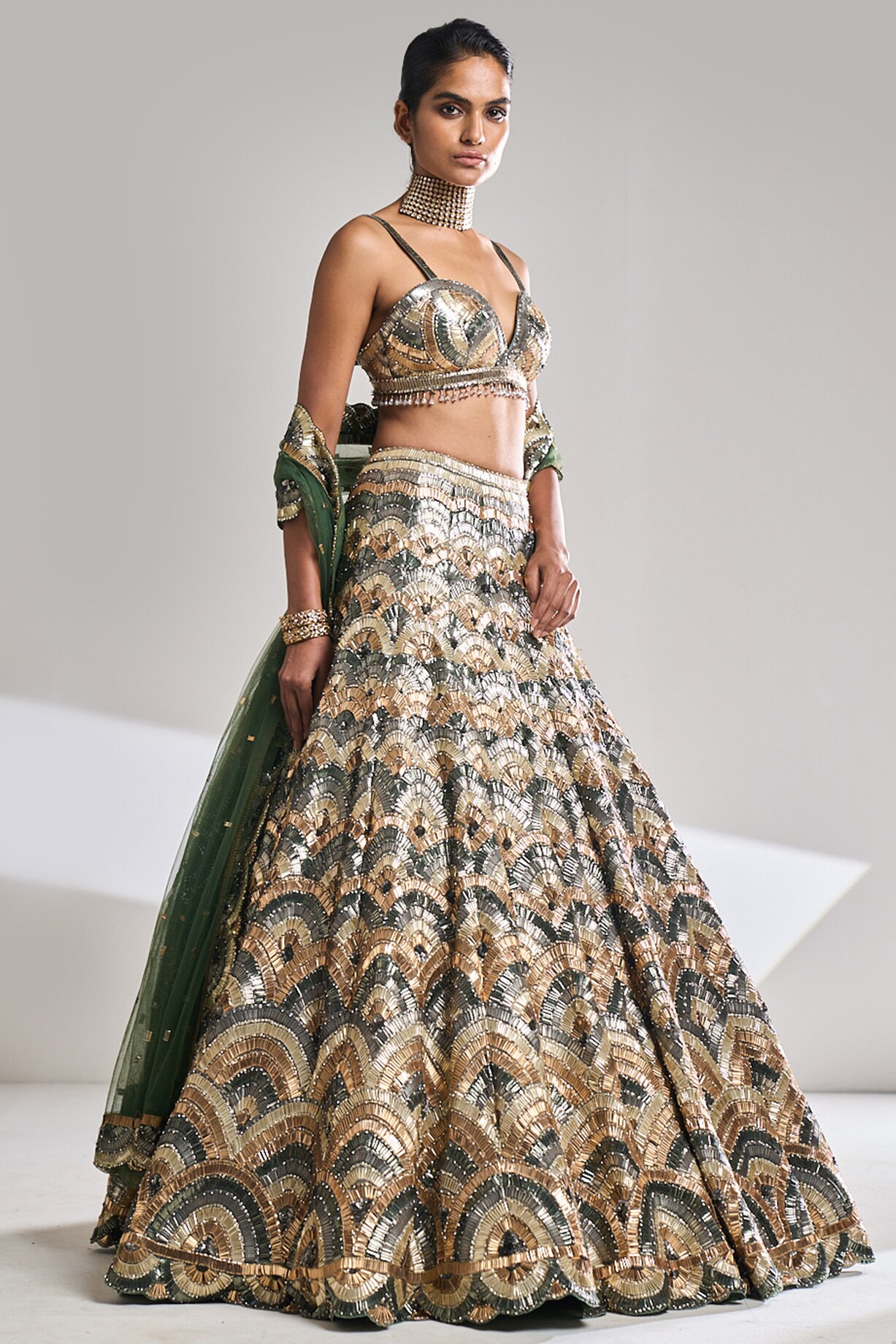 Sage green printed embroidered lehenga set
