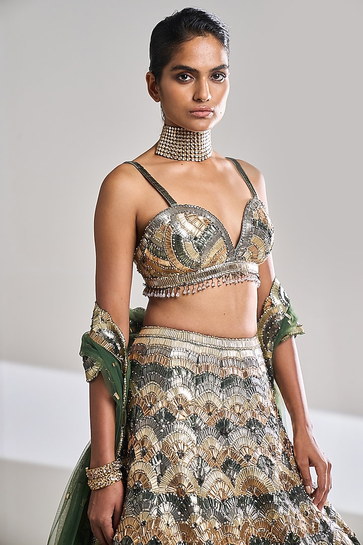 Sage Green Net Metallic Sequins Embroidered Bridal Lehenga Set by Seema Gujral at Pernia's Pop Up Shop