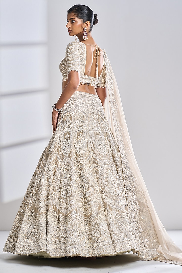 Nude Raw Silk Pearl & Sequins Embroidered Bridal Lehenga Set by Seema Gujral at Pernia's Pop Up Shop