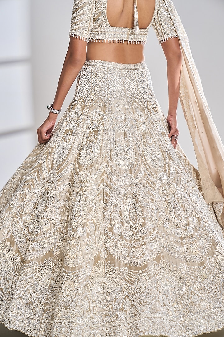 Nude Raw Silk Pearl & Sequins Embroidered Bridal Lehenga Set by Seema Gujral at Pernia's Pop Up Shop