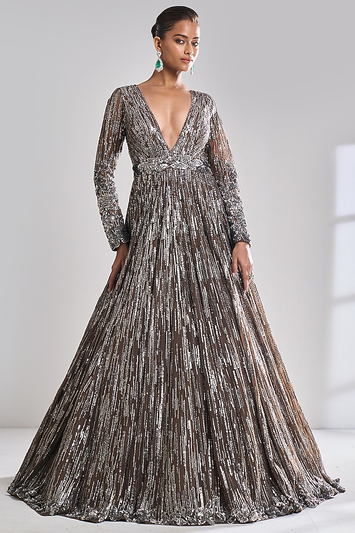 Chocolate Brown Net Metallic Sequins & Beads Embroidered Bridal Gown by Seema Gujral at Pernia's Pop Up Shop