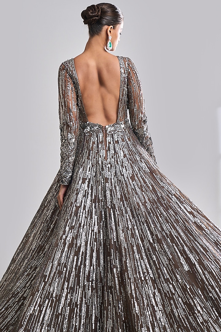 Chocolate Brown Net Metallic Sequins & Beads Embroidered Bridal Gown by Seema Gujral at Pernia's Pop Up Shop