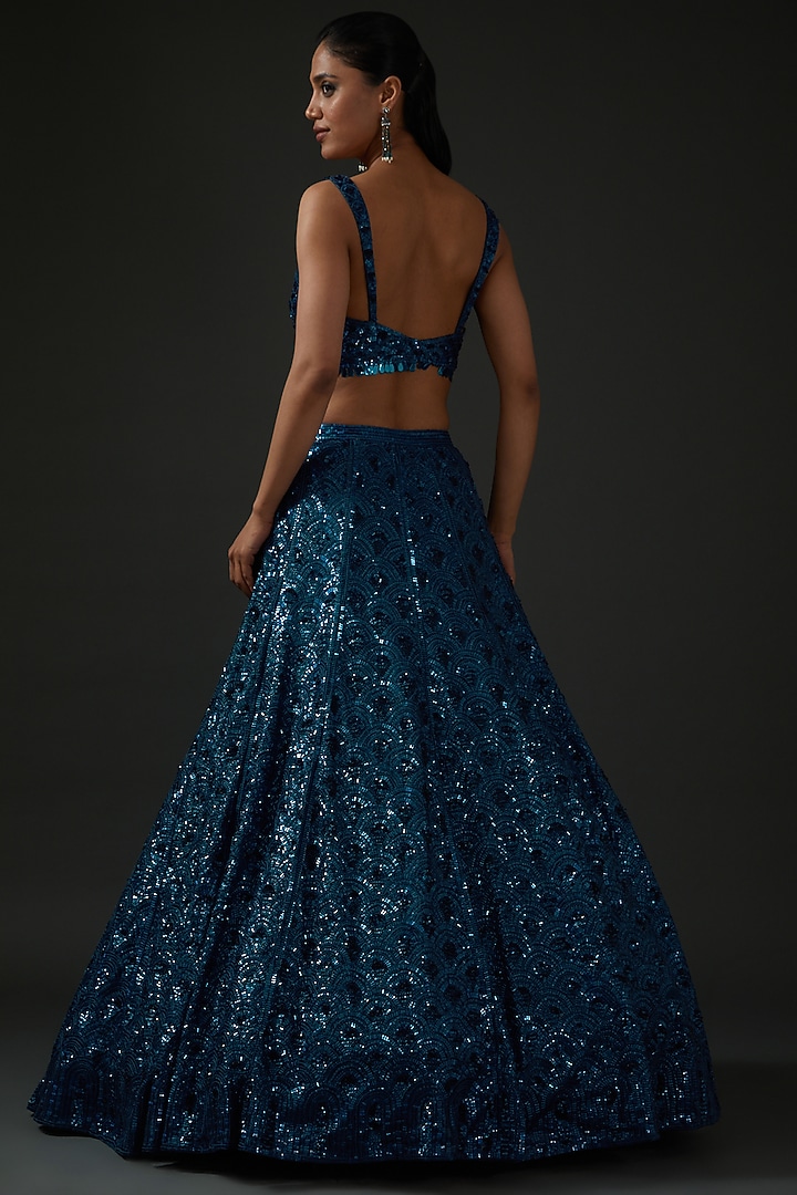 Cobalt Blue Net Sequins Embroidered Bridal Lehenga Set by Seema Gujral at Pernia's Pop Up Shop