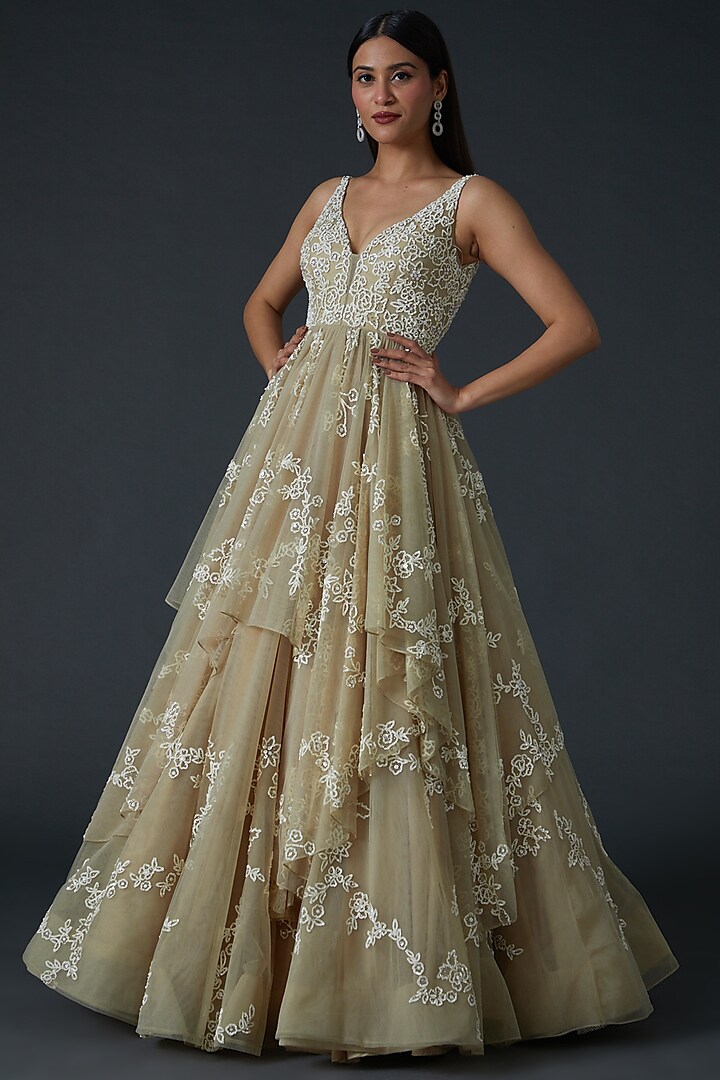 Nude Net Sequins Embroidered Gown by Seema Gujral