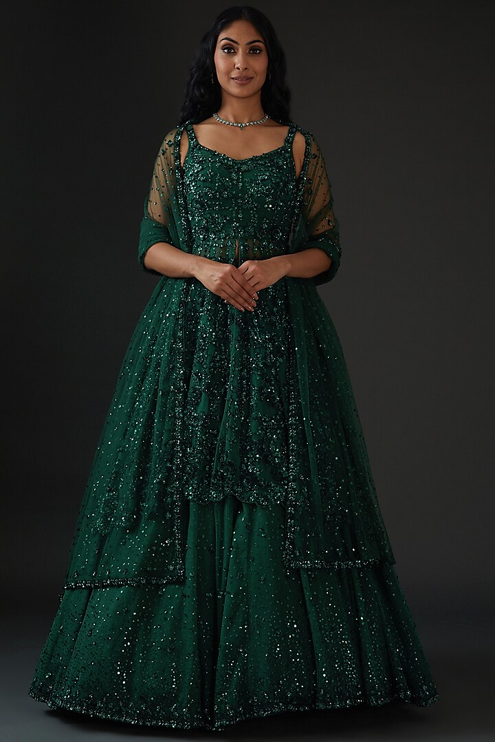 Emerald Green Sequins Embroidered Lehenga Set Design by Seema