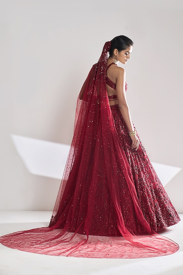 Maroon Net Crystal & Sequin Embroidered Bridal Lehenga Set by Seema Gujral at Pernia's Pop Up Shop
