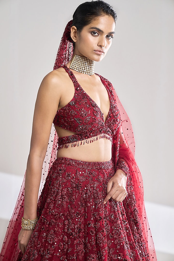 Maroon Net Crystal & Sequin Embroidered Bridal Lehenga Set by Seema Gujral at Pernia's Pop Up Shop