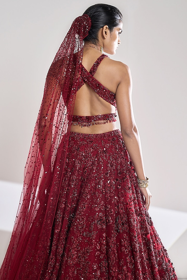 Maroon Net Crystal & Sequin Embroidered Bridal Lehenga Set by Seema Gujral at Pernia's Pop Up Shop