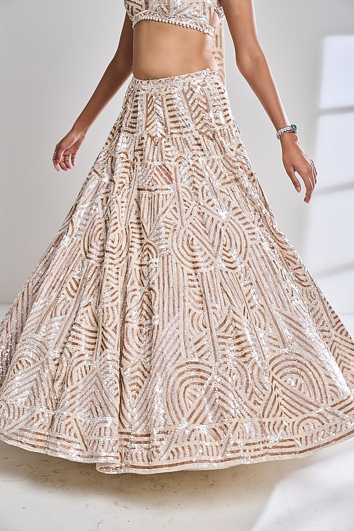 Ivory Net Metallic Sequins Embroidered Bridal Lehenga Set by Seema Gujral at Pernia's Pop Up Shop
