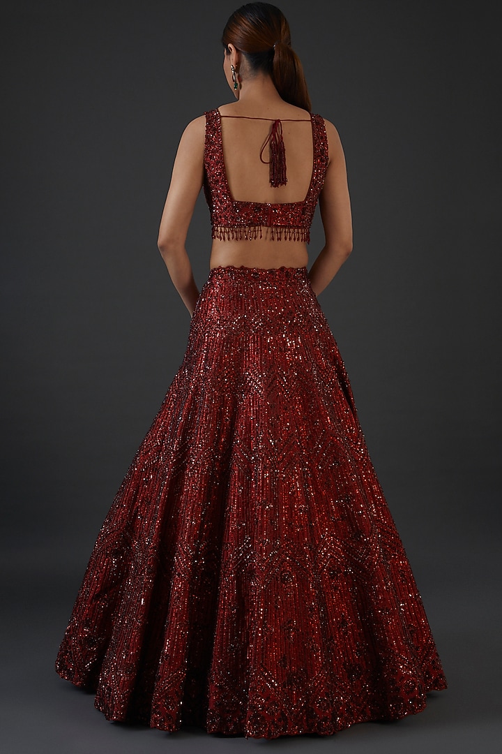 Maroon Net Sequins Embroidered Bridal Lehenga Set by Seema Gujral at Pernia's Pop Up Shop