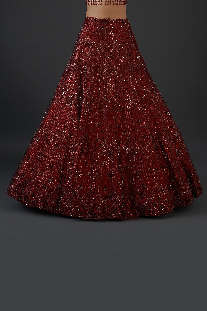 Maroon Net Sequins Embroidered Bridal Lehenga Set by Seema Gujral at Pernia's Pop Up Shop