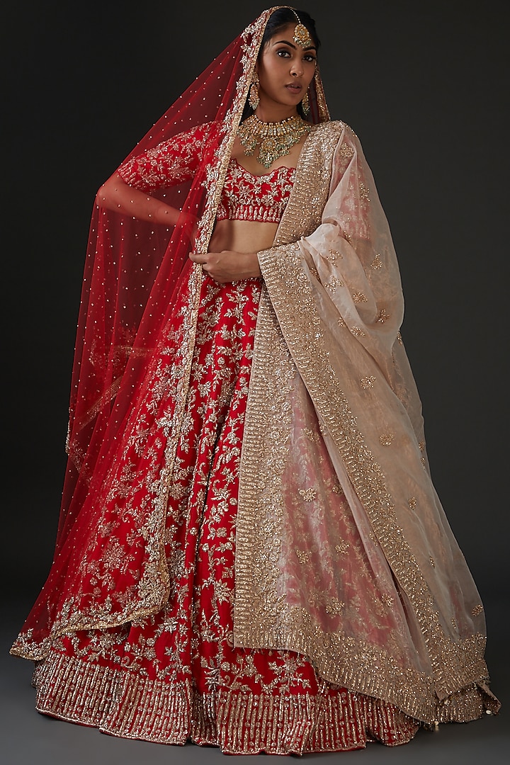 Red Raw Silk Embroidered Lehenga Set Design By Seema Gujral At Pernias Pop Up Shop 2024 4148