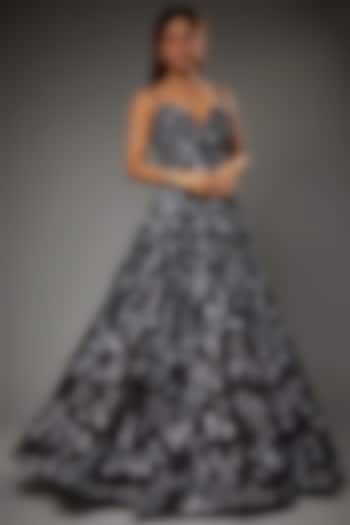 Charcoal Grey Net Sequins Embroidered Gown by Seema Gujral