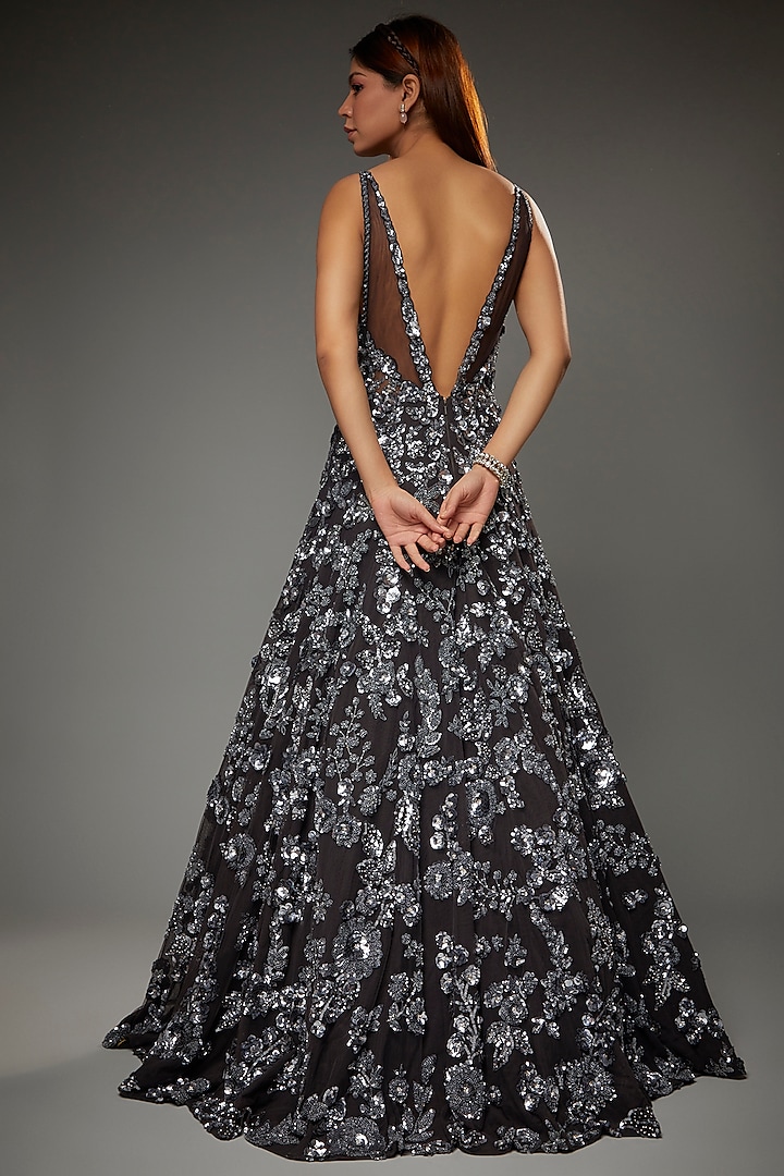 Charcoal Grey Net Sequins Embroidered Bridal Gown by Seema Gujral at Pernia's Pop Up Shop