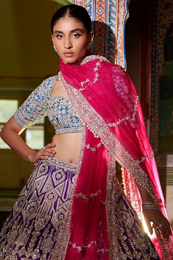 Purple Raw Silk Zardosi Embroidered Bridal Lehenga Set by Seema Gujral at Pernia's Pop Up Shop