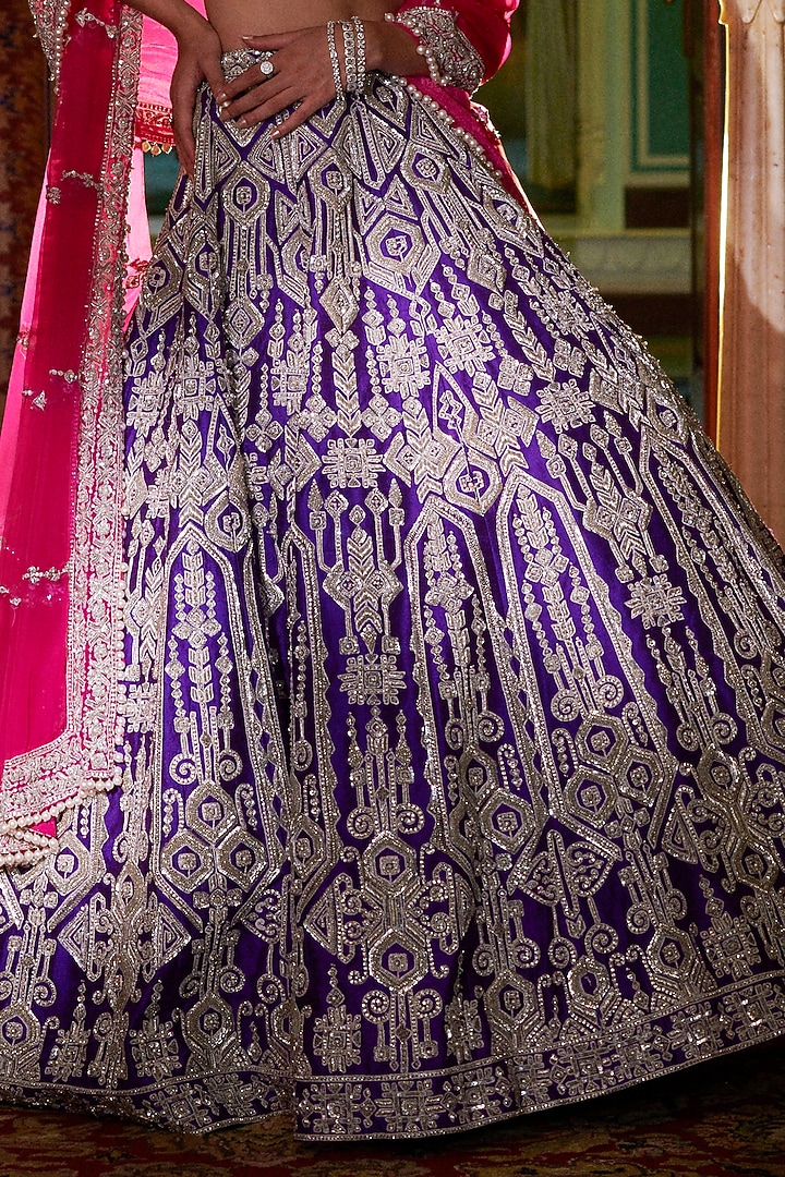 Purple Raw Silk Zardosi Embroidered Bridal Lehenga Set by Seema Gujral at Pernia's Pop Up Shop
