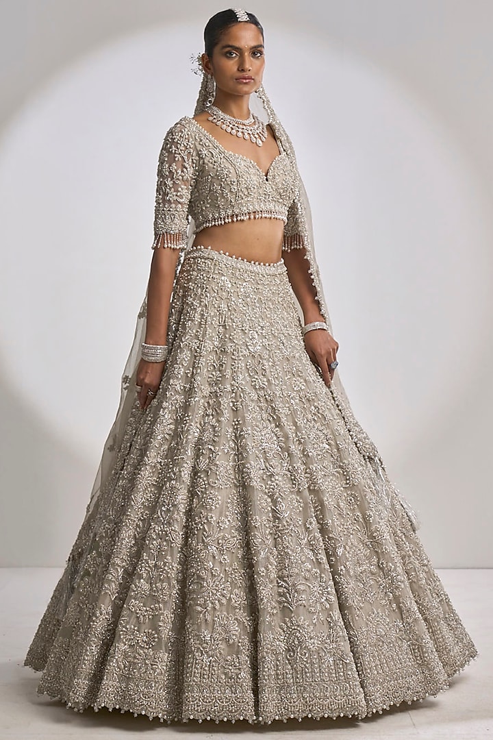 Silver Organza Zardosi Embroidered Bridal Lehenga Set by Seema Gujral at Pernia's Pop Up Shop