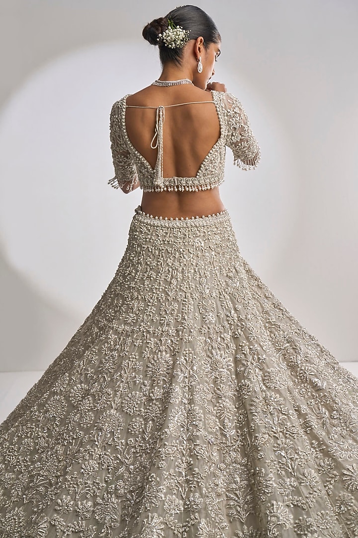 Silver Organza Zardosi Embroidered Bridal Lehenga Set by Seema Gujral at Pernia's Pop Up Shop