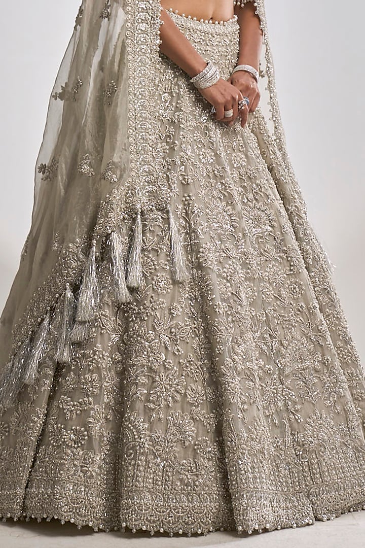 Silver Organza Zardosi Embroidered Bridal Lehenga Set by Seema Gujral at Pernia's Pop Up Shop