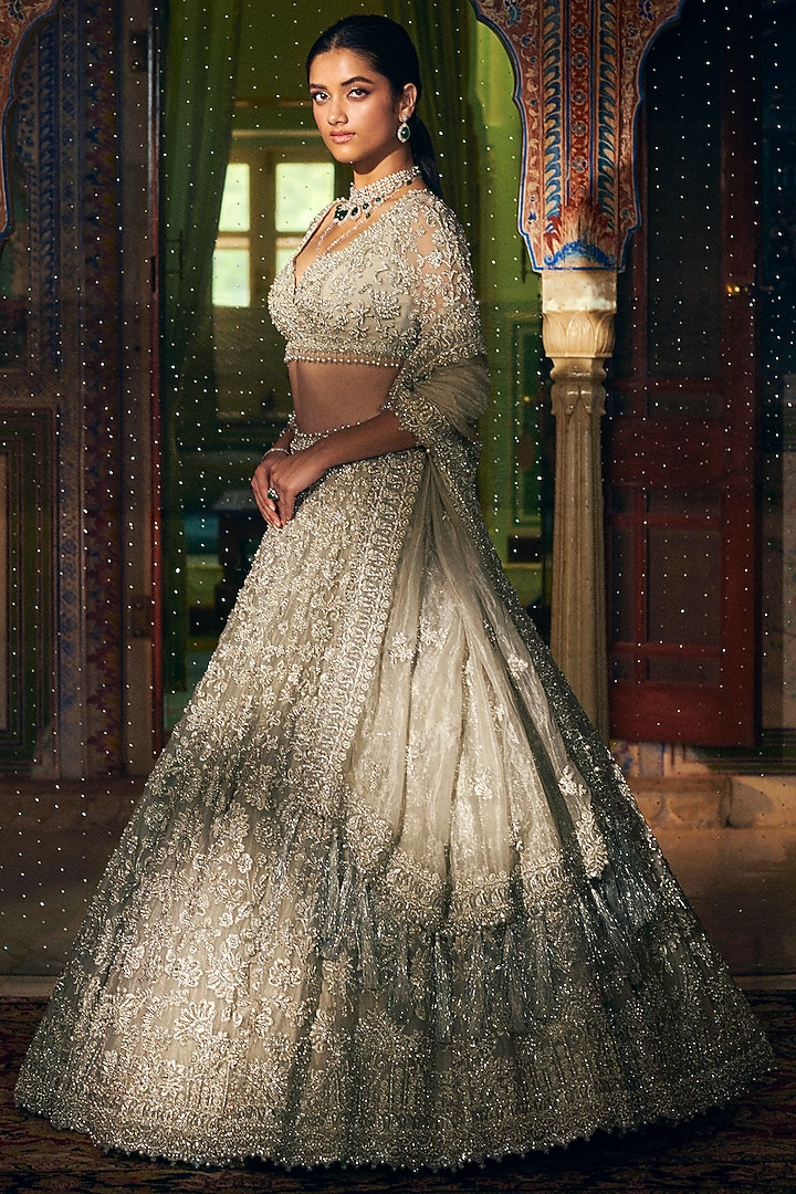 Silver Organza Zardosi Embroidered Bridal Lehenga Set by Seema Gujral at Pernia's Pop Up Shop