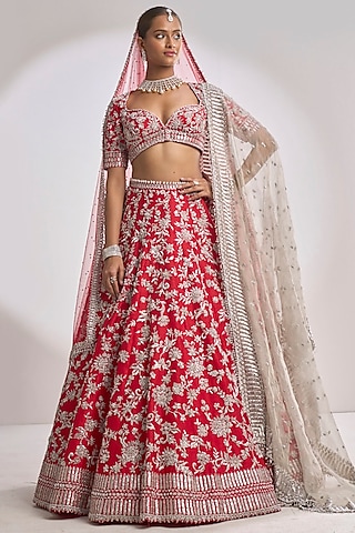 Red Raw Silk Zardosi Embroidered Lehenga Set by Seema Gujral
