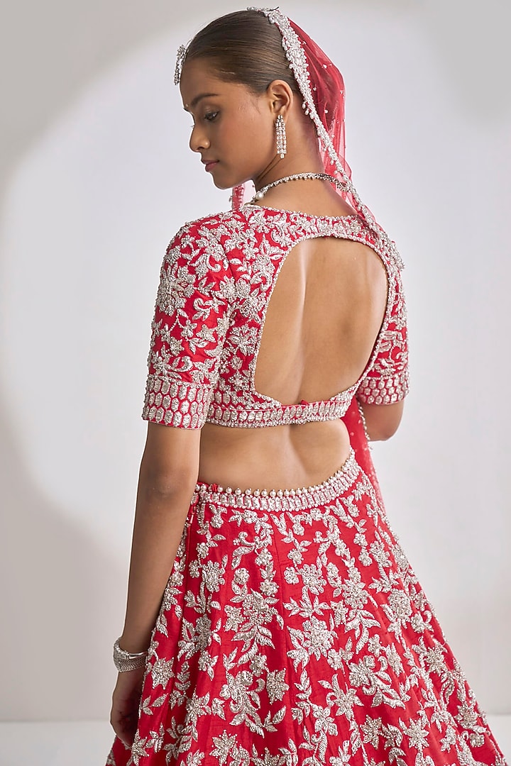 Red Raw Silk Zardosi Embroidered Bridal Lehenga Set by Seema Gujral at Pernia's Pop Up Shop