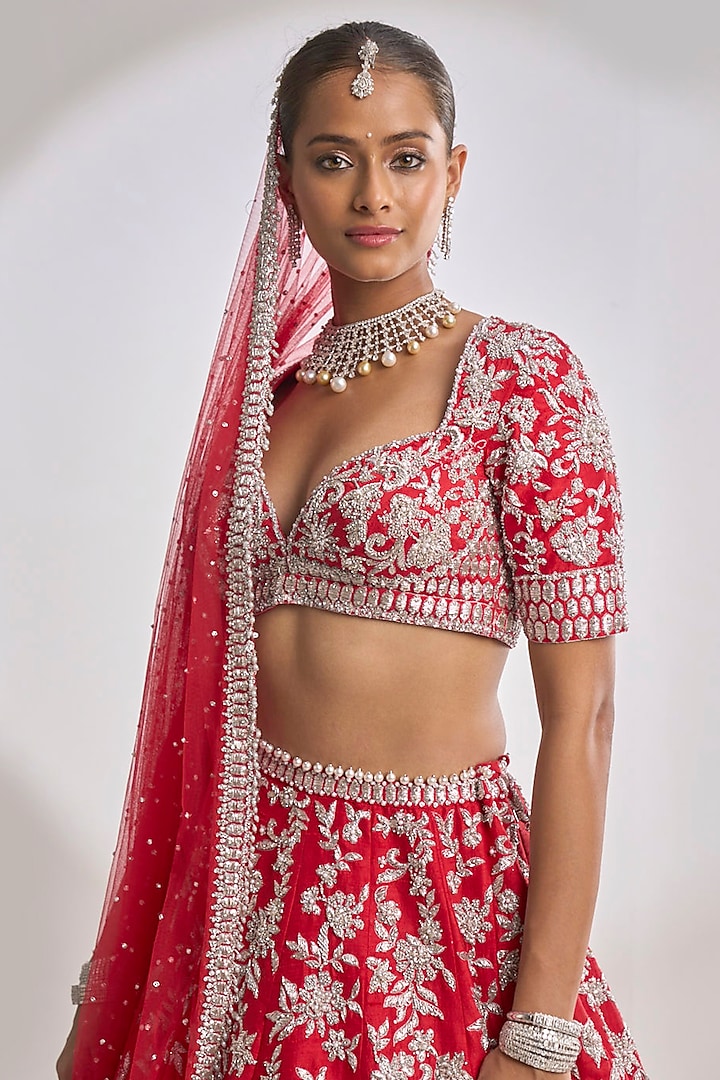 Red Raw Silk Zardosi Embroidered Bridal Lehenga Set by Seema Gujral at Pernia's Pop Up Shop