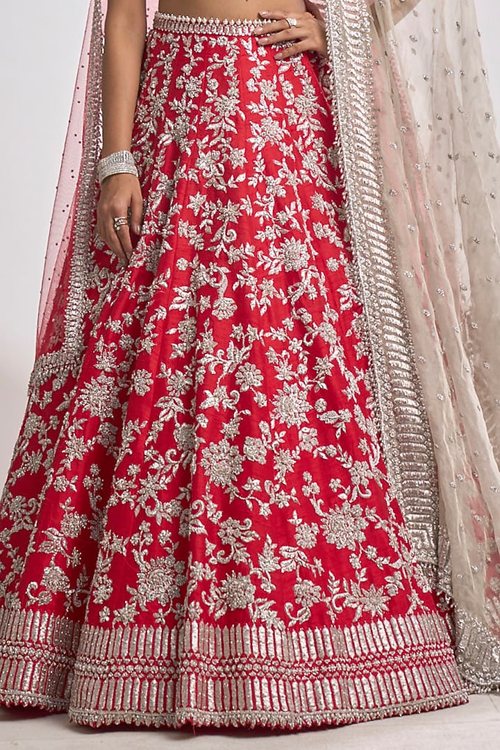 Red Raw Silk Zardosi Embroidered Bridal Lehenga Set by Seema Gujral at Pernia's Pop Up Shop