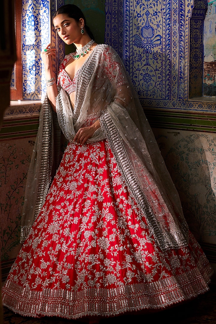 Red Raw Silk Zardosi Embroidered Bridal Lehenga Set by Seema Gujral at Pernia's Pop Up Shop