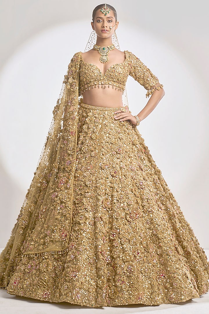 Gold Raw Silk Zardosi Embroidered Lehenga Set by Seema Gujral